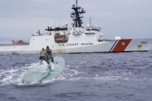 Members of the Coast Guard cutter Waesche law enforcement boarding team inspect a self-propelled semi-submersible in international waters of the Eastern Pacific Ocean on Nov. 20, 2023. Photo: USCG Petty Officer 3rd Class Hunter Schnabel.